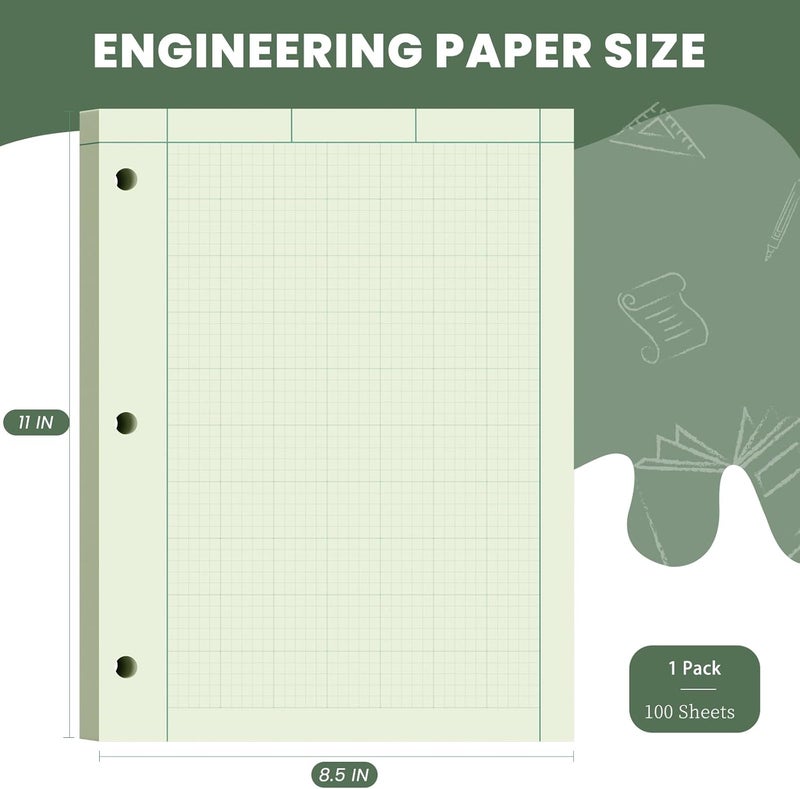 Aidunmis Engineering Paper 8.5 x 11, 100 Sheets Top Glue Binding Engineering Notebook, 5x5 Quad Ruled Graph Paper, 3-Hole Punched Engineering Computation Pad 8.5 x 11, Green Tint Engineering Paper Notebook - Image 2
